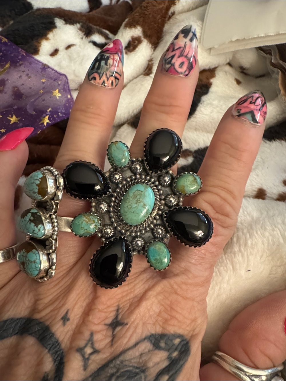 Statement Sonoran Turquoise and Black Stone Floral Cocktail Ring - Women Jewelry
